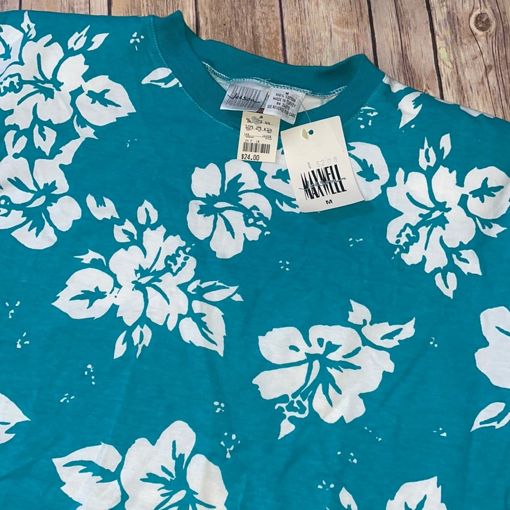 🦋Jason Maxwell Vintage Hibiscus 🌺 Teal Tee, Size Medium